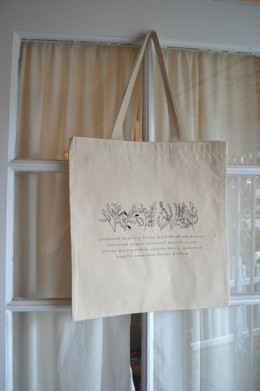 Marian Virtues Cotton Tote Bag: Catholic Gift for Women