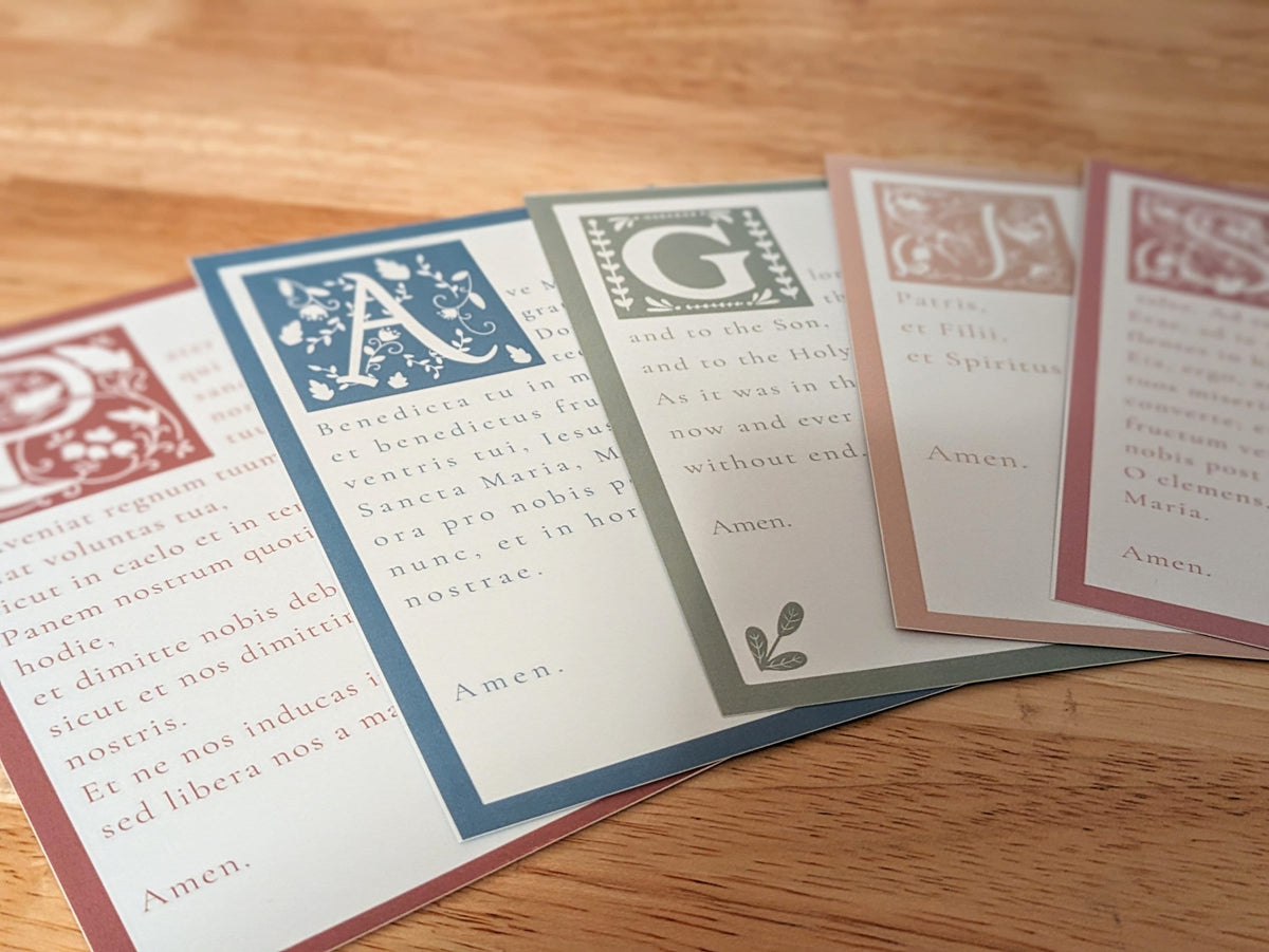 Latin and English Illuminated Prayer Cards: Set of 5