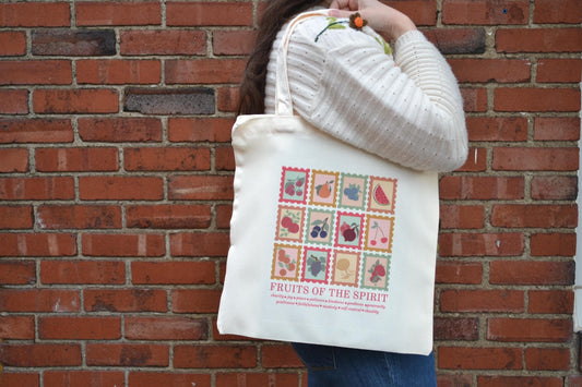 Fruits of the Holy Spirit: Catholic, Christian tote bag, gift, grocery bag, canvas, postage stamp