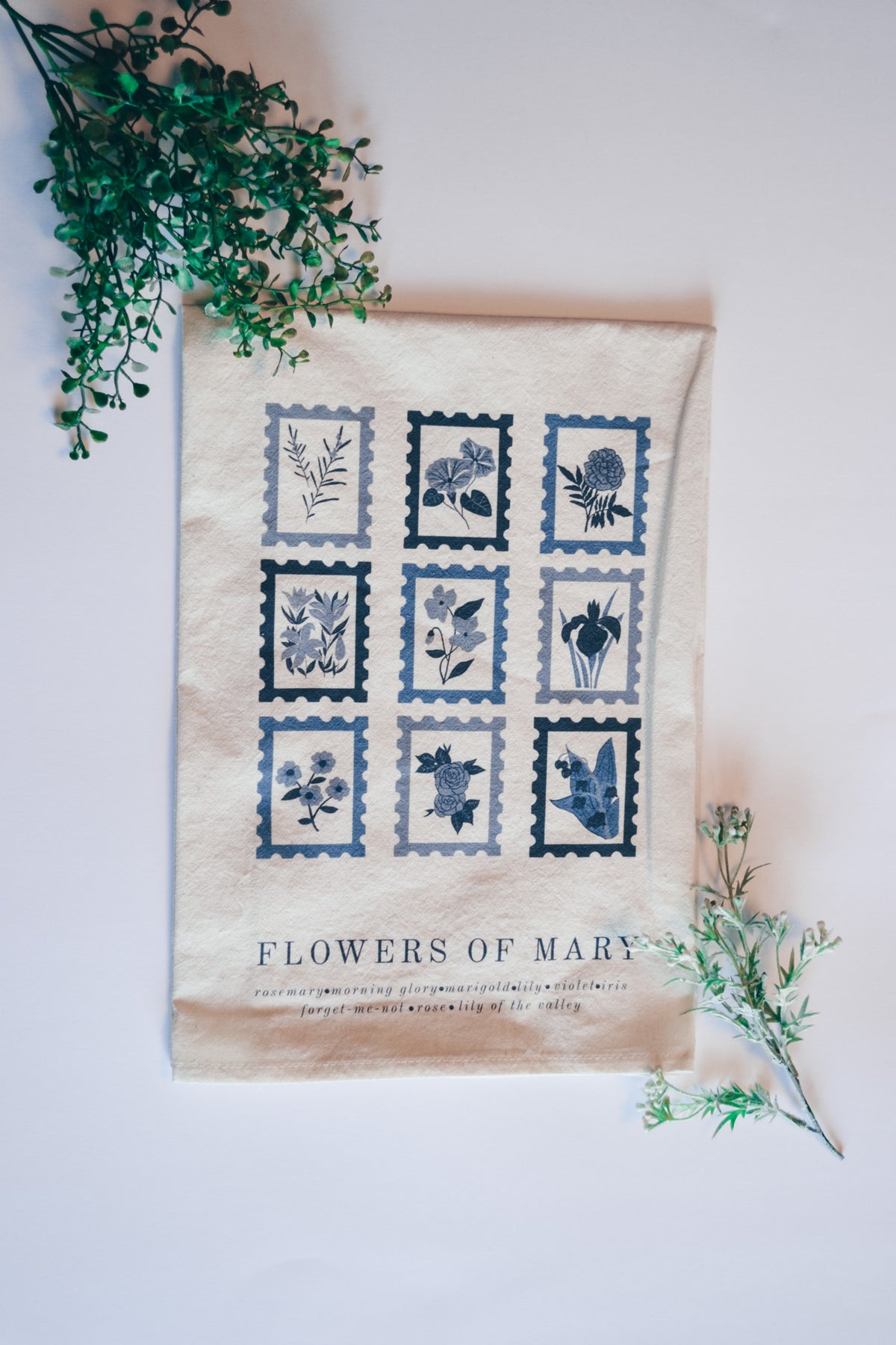 Flowers of Mary: Blessed Mother Catholic Cotton Tea Towel