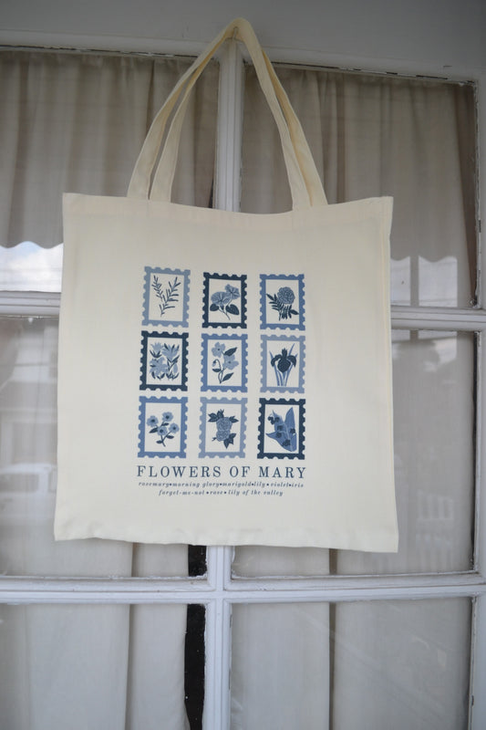 Flowers of Mary: Blessed Mother Catholic Tote Bag, Catholic gift, botanical canvas tote