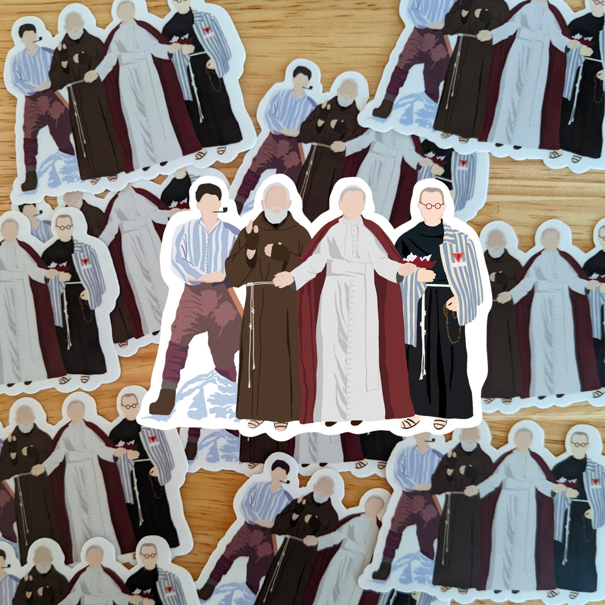 Male Saints Vinyl Sticker: John Paul II, Frassati, Pio, Kolbe (3x2.23")