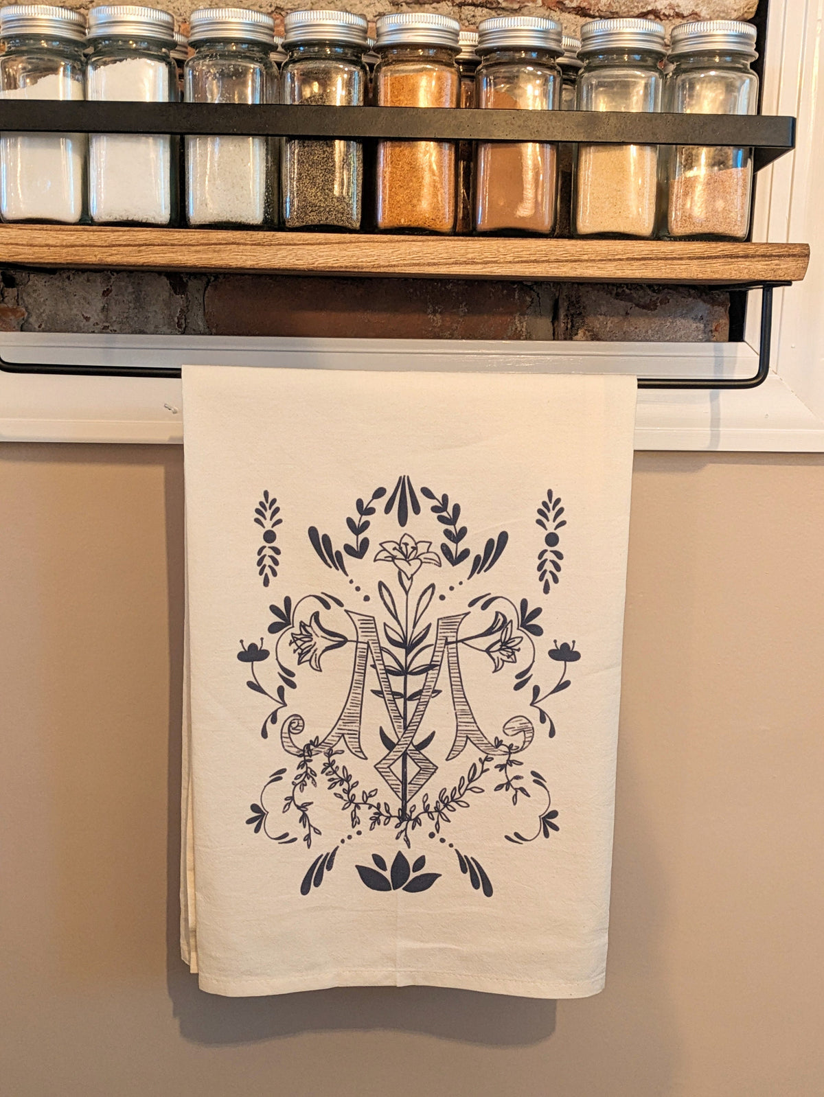 Marian Symbol Cotton Tea Towel, Catholic Gift
