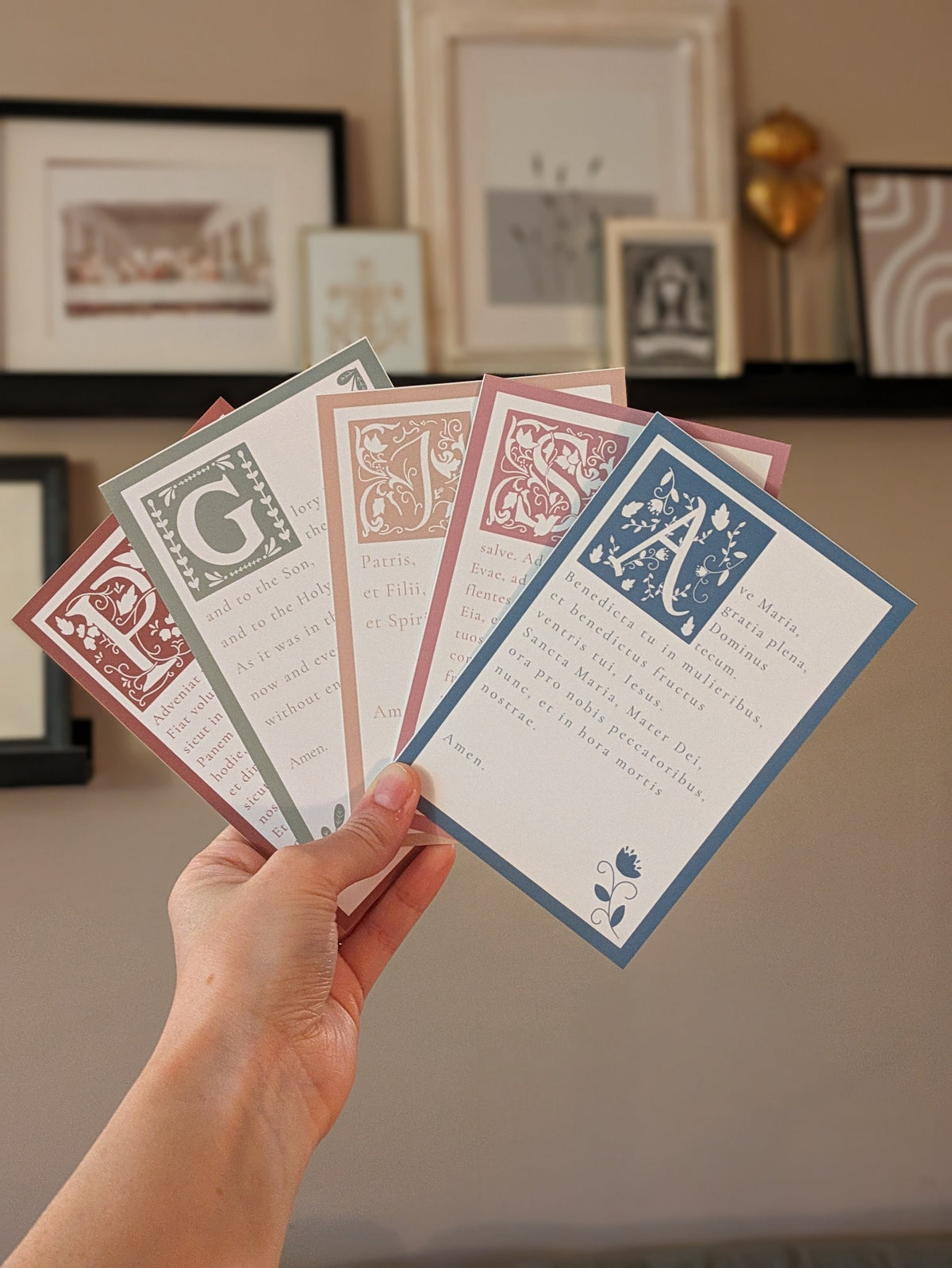 Latin and English Illuminated Prayer Cards: Set of 5