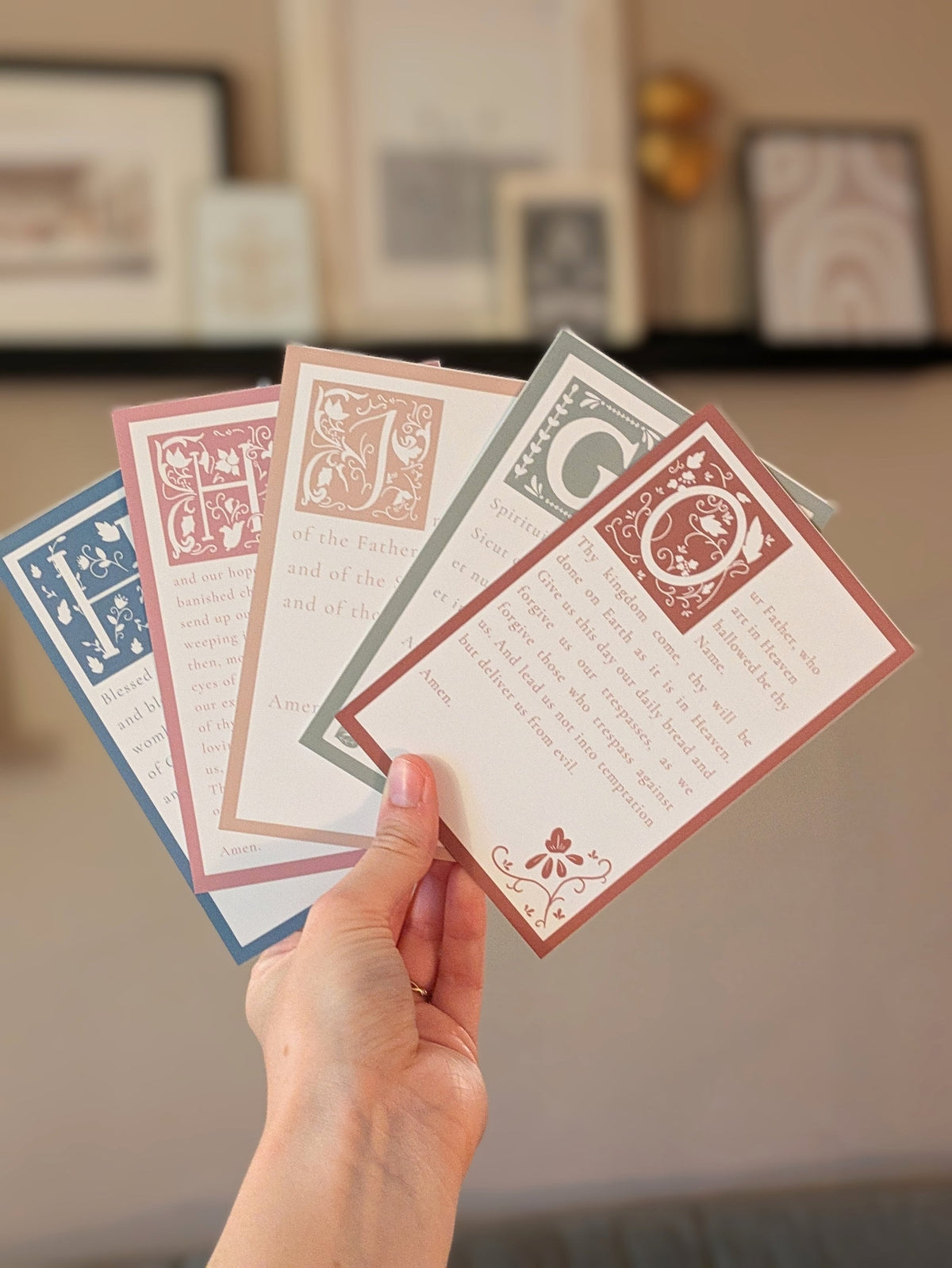 Latin and English Illuminated Prayer Cards: Set of 5