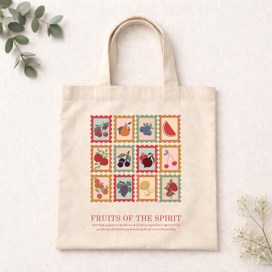 Fruits of the Holy Spirit: Catholic, Christian tote bag, gift, grocery bag, canvas, postage stamp