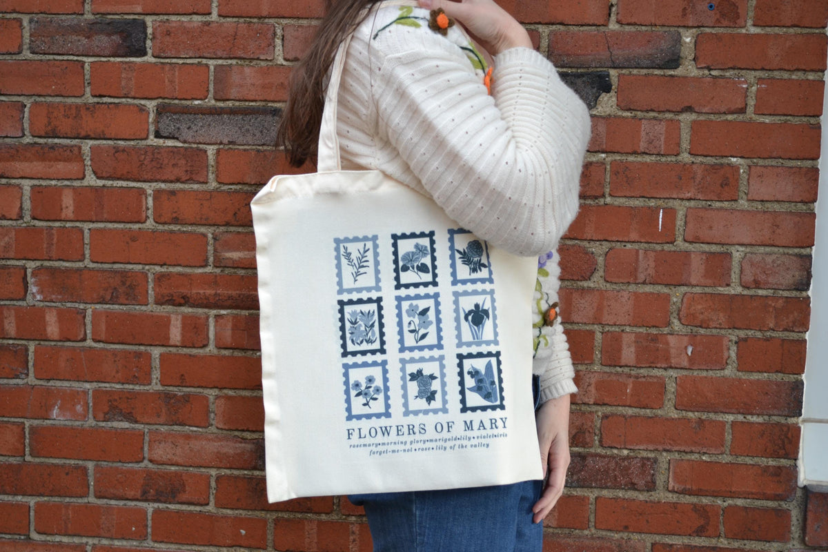 Flowers of Mary: Blessed Mother Catholic Tote Bag, Catholic gift, botanical canvas tote