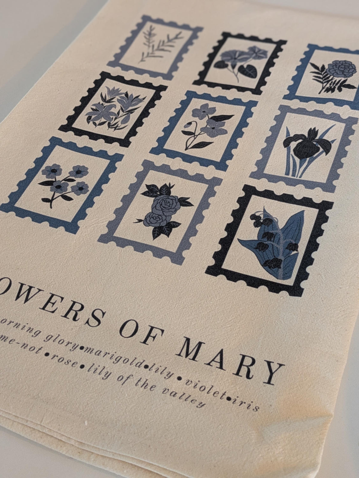 Flowers of Mary: Blessed Mother Catholic Cotton Tea Towel