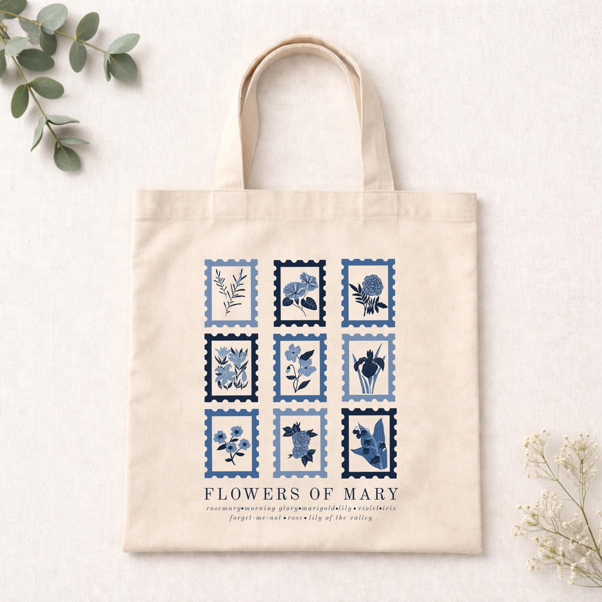 Flowers of Mary: Blessed Mother Catholic Tote Bag, Catholic gift, botanical canvas tote