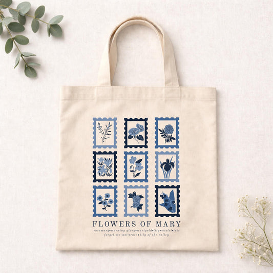 Flowers of Mary: Blessed Mother Catholic Tote Bag, Catholic gift, botanical canvas tote