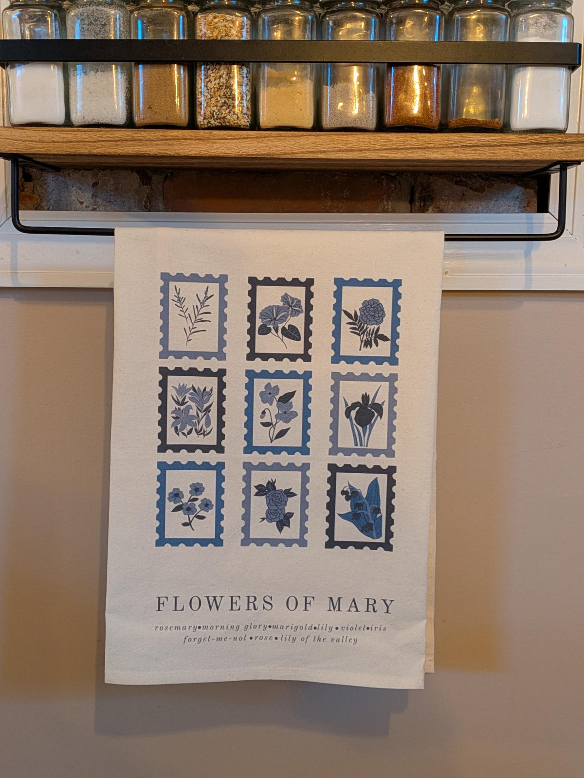 Flowers of Mary: Blessed Mother Catholic Cotton Tea Towel