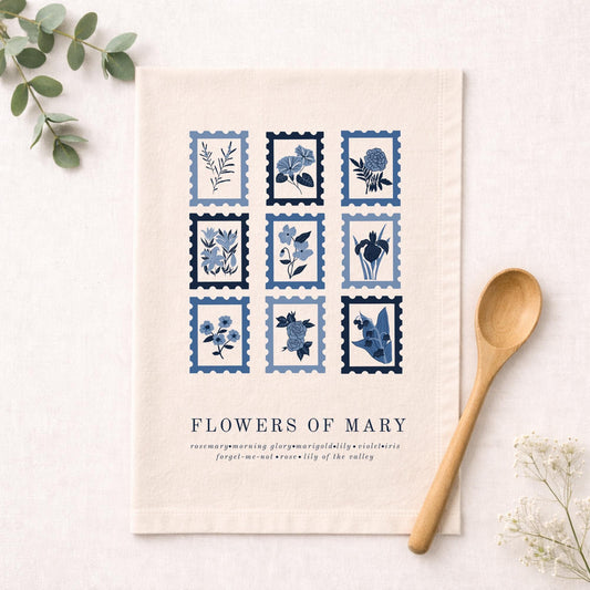 Flowers of Mary: Blessed Mother Catholic Cotton Tea Towel